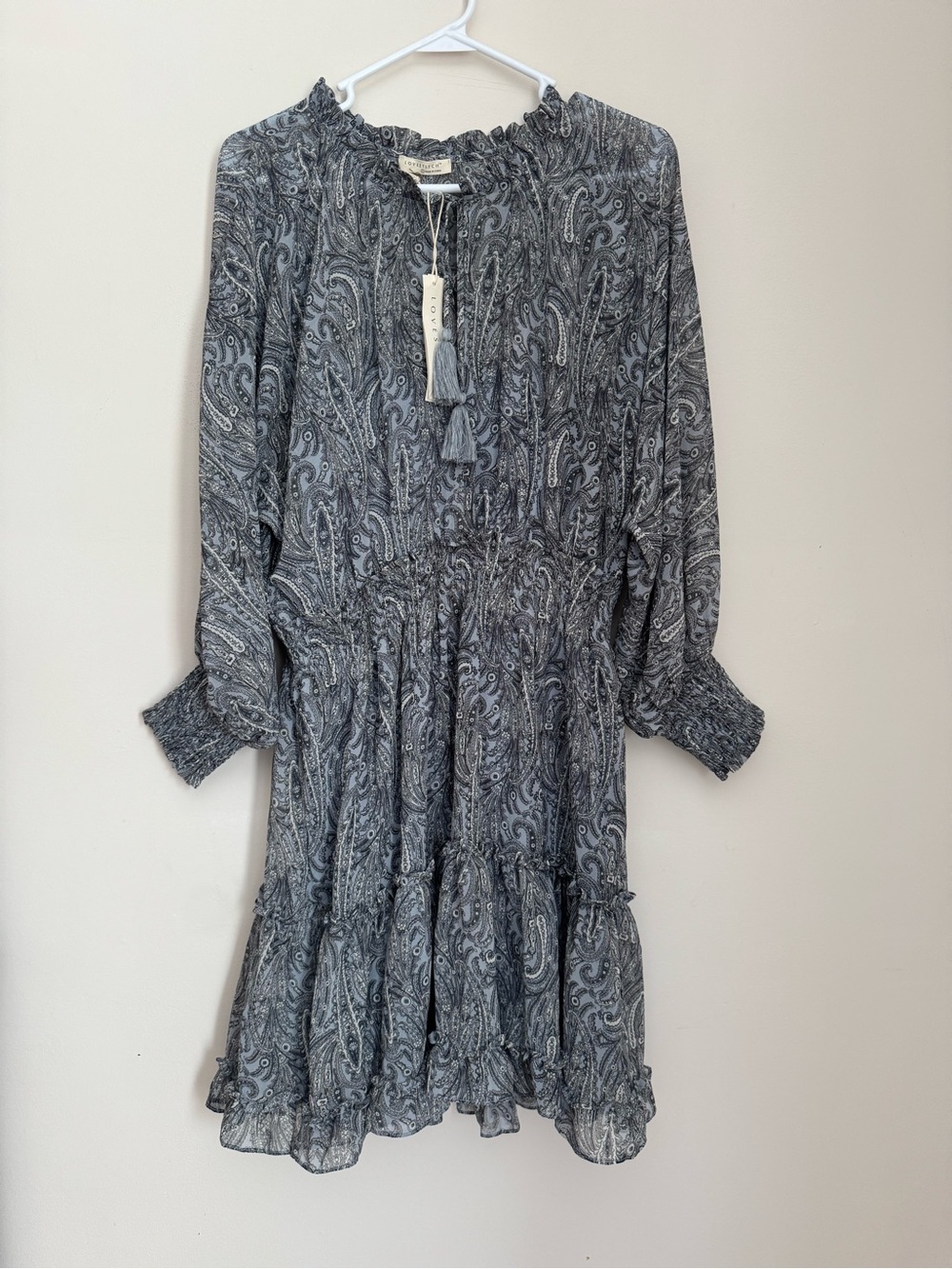 Lovestitch Paisley Boho Peasant Mini Dress Women’s Large Blue Gray Tassel NWT